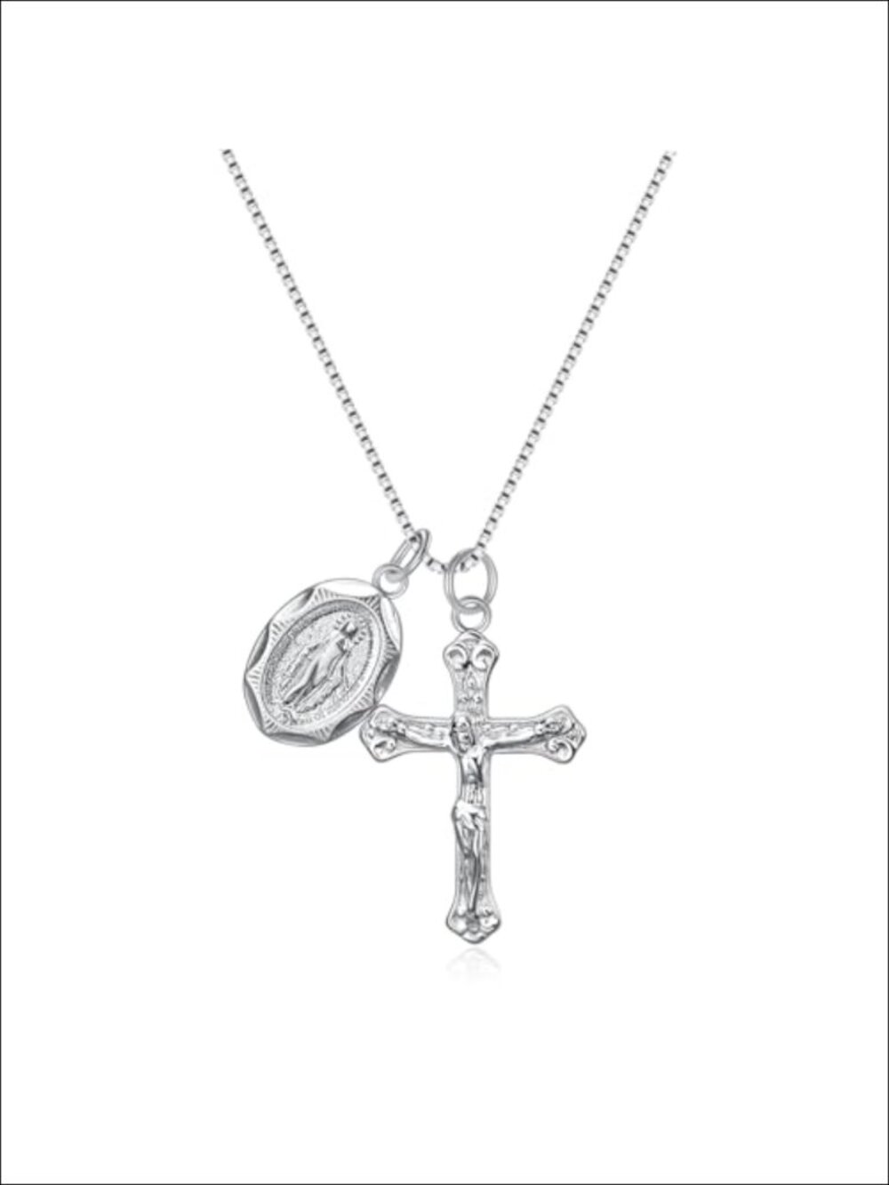 925 Sterling Silver Crucifix Cross & Miraculous Medal Pendant Necklace